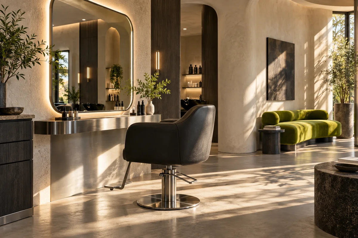 Interior de salón contemporáneo con espejo iluminado y sillón oscuro; imagen conceptual de Hebrava